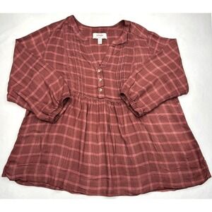 Wrangler Plaid Blouse Womens Large Burgundy Maroon Pintuck Babydoll Viscose Top